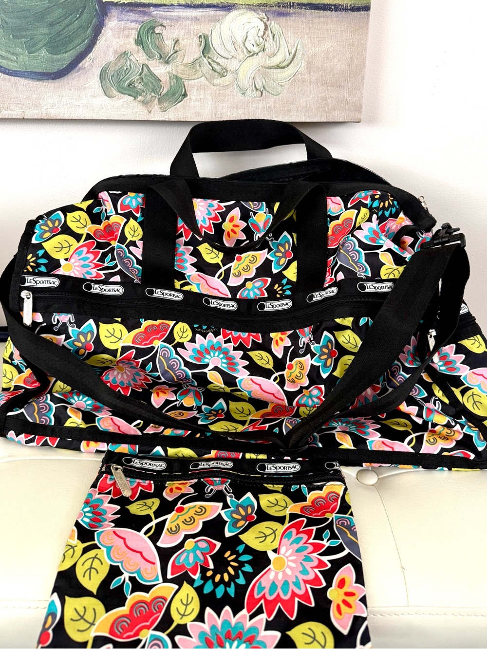 LeSportsac Black Multi Floral Travel Duffel bag with Matching Pouch